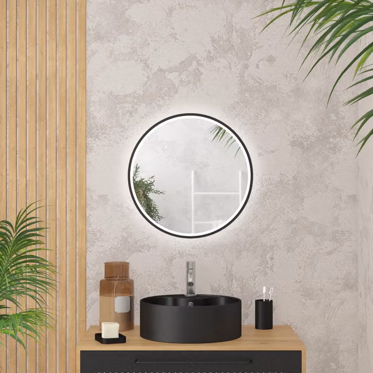 Specchio da bagno LED rotondo, diametro 50 cm, nero, da montare a parete