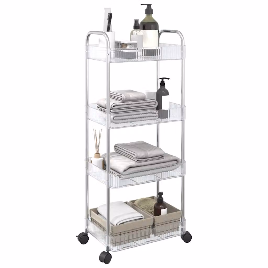 Carrello portaoggetti a 4 livelli vidaXL in acrilico trasparente con dettagli argento, L 37 cm x P 28 cm x H 95 cm