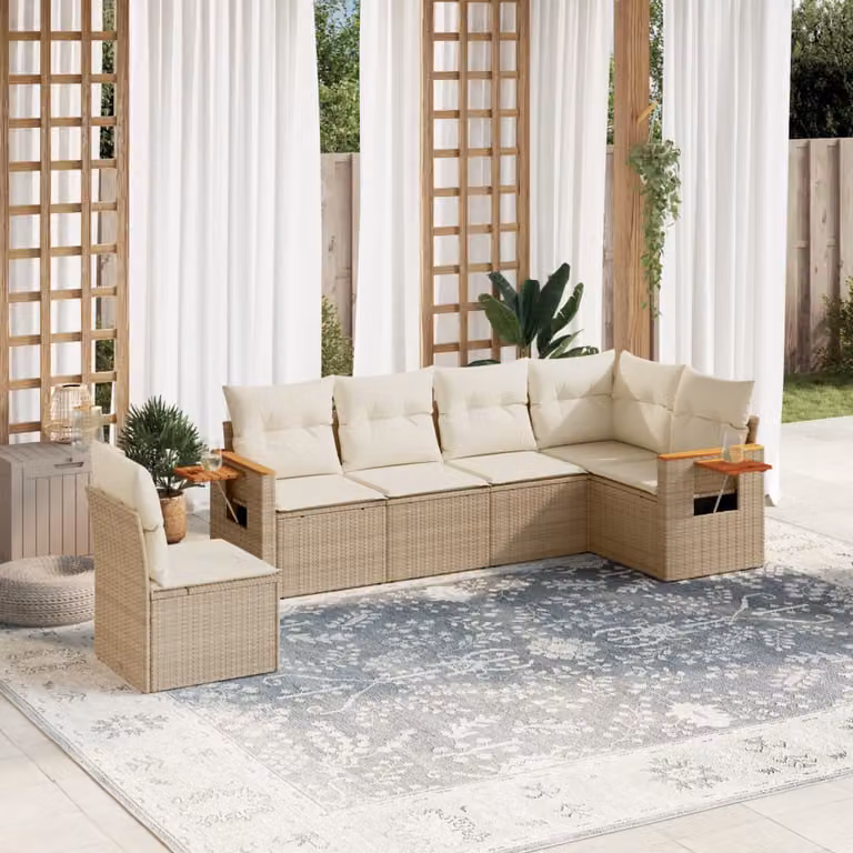vidaXL Set Divano da Giardino a L 6 pz in Polyrattan con Cuscini Beige e Tavolino da Esterno