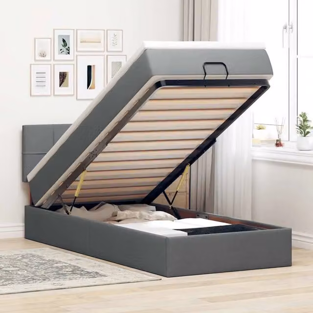 Letto con contenitore a sollevamento e materasso vidaXL in tessuto grigio e bianco, L: 190 cm, P: 90 cm, H: 88 cm