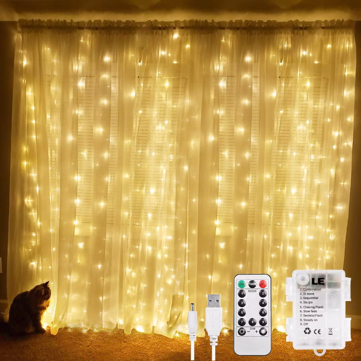 Tenda luminosa LED 3 x 3 metri, catena luminosa USB con 300 LED bianco caldo, 8 modalità, dimmerabile, filo di rame. Catena luminosa a batteria per decorazioni interne ed esterne, ideale per camere da letto, feste, Natale e matrimoni