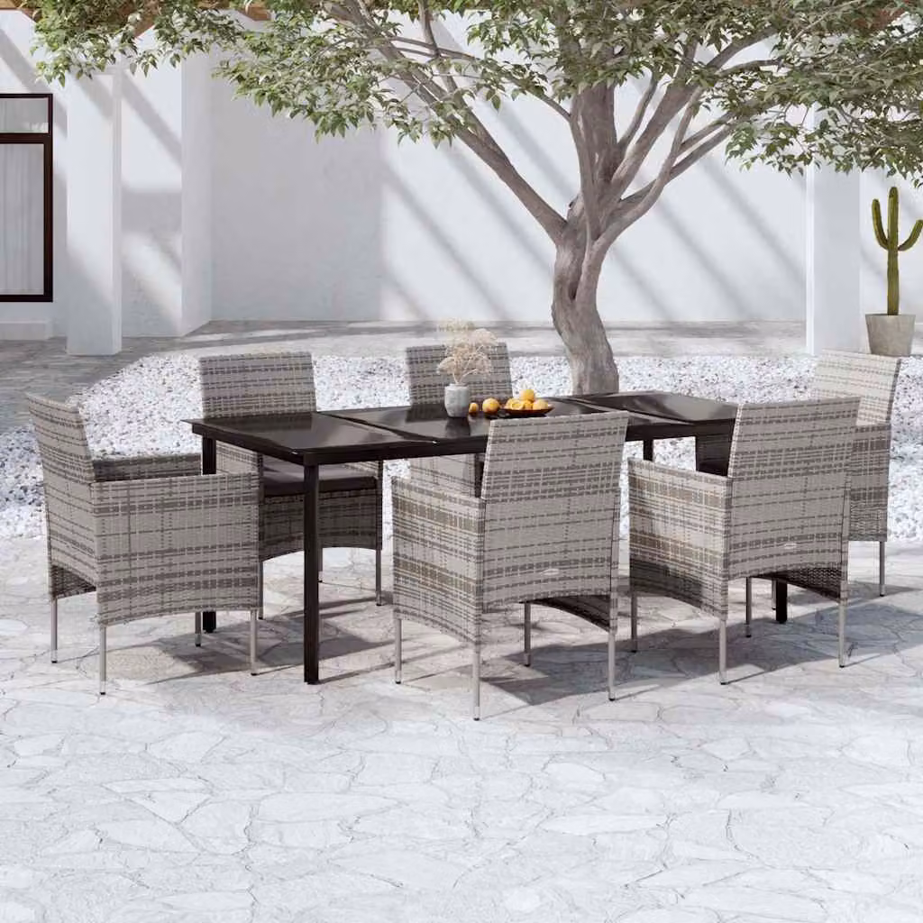 Set da pranzo da giardino vidaXL in rattan e vetro, 7 pezzi, grigio e nero
