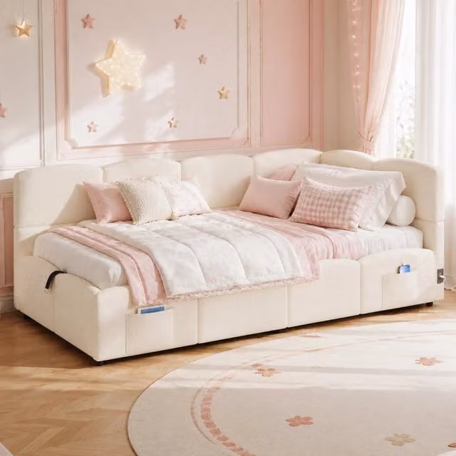 Divano letto con contenitore idraulico; USB-A/USB-C; Bouclé; Beige; 90x200 cm