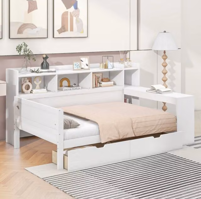 Letto da giorno ULEVR 90x200 cm con scrivania, porta USB, presa e 2 cassetti, bianco