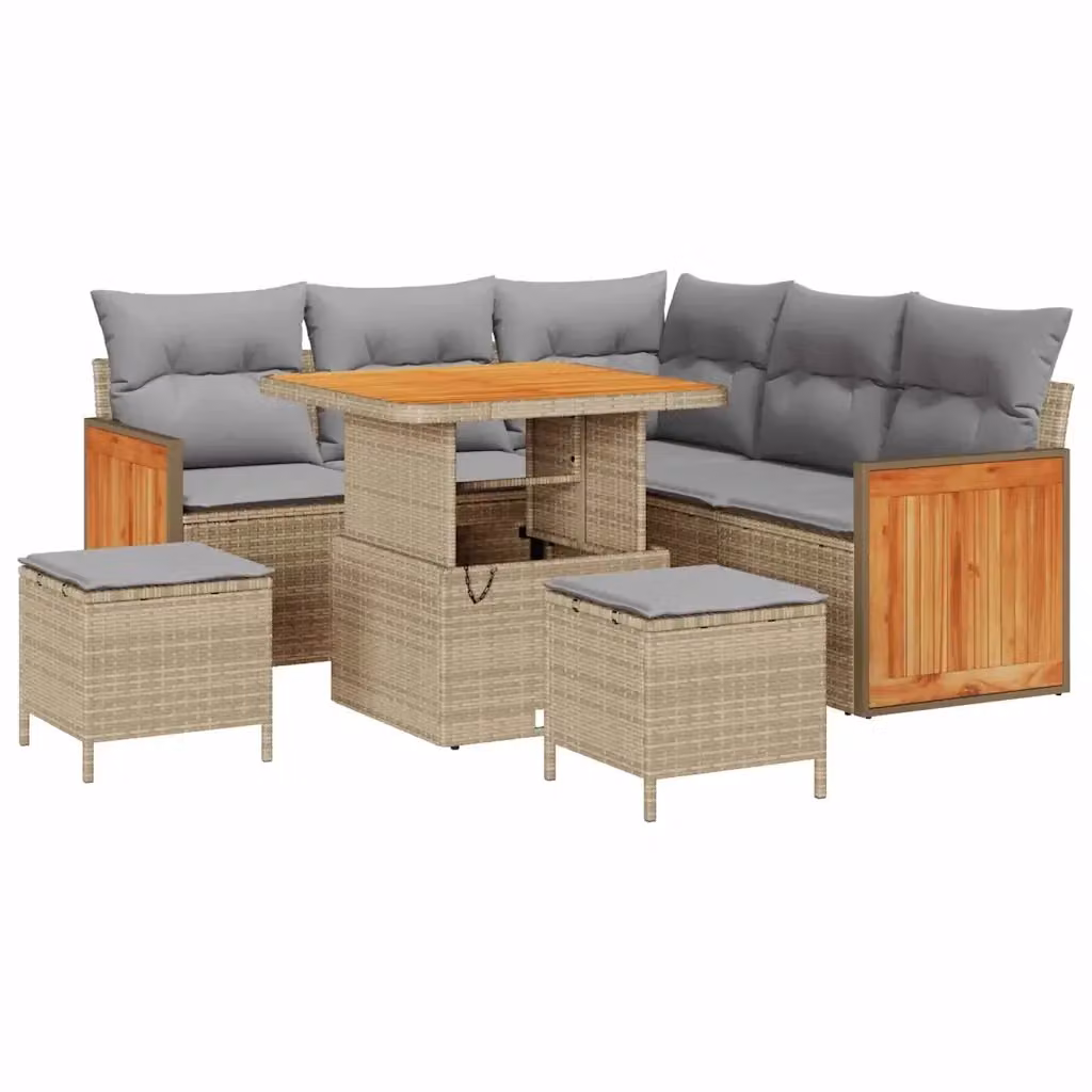 Set Divano da Giardino vidaXL 9 Pezzi a Forma di L con Tavolino e Pouf, Colore Beige e Grigio, Struttura in Metallo e Legno di Acacia – 2