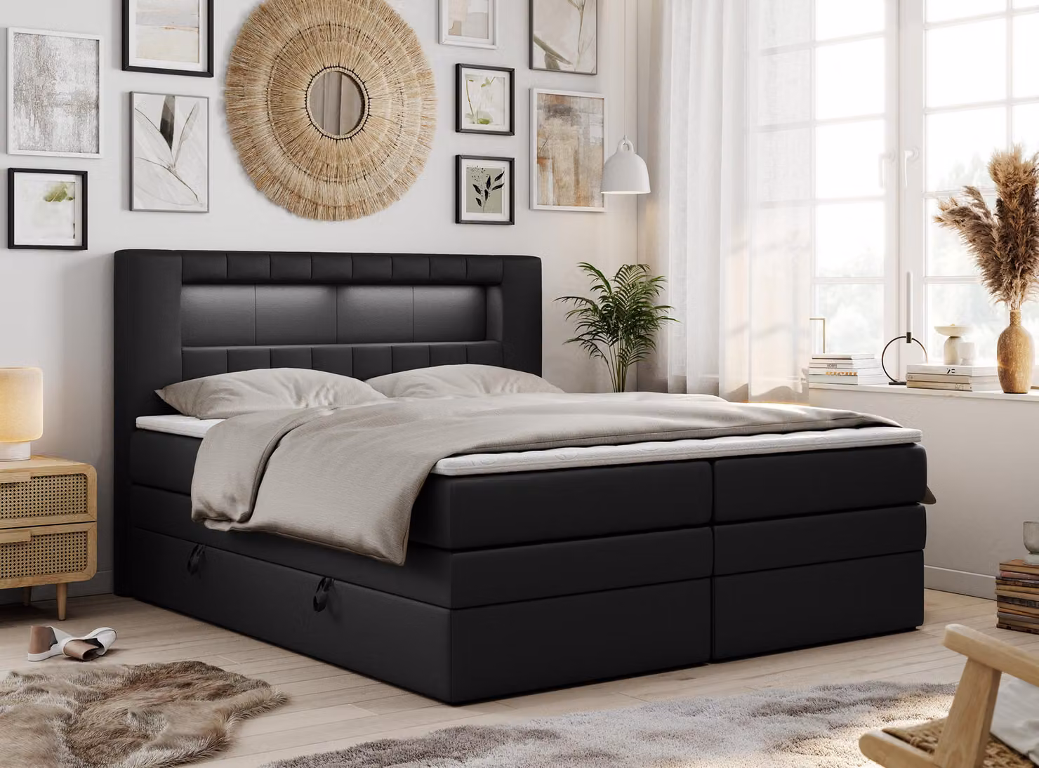 Letto boxspring con testiera LED e topper - GOLD-5-KING - 200x200 cm - Nero - Rigido (H4)
