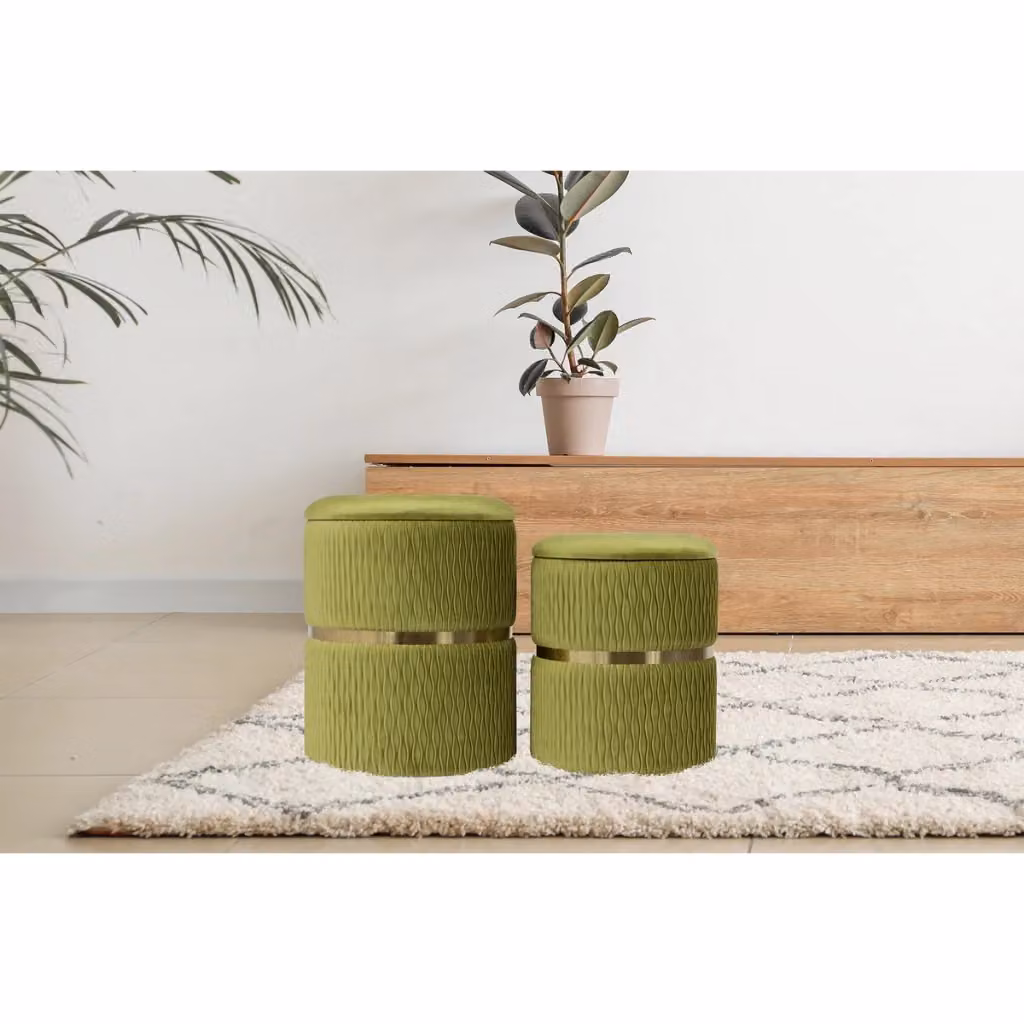 Set di 2 Pouf Contenitori Zora KENDRA HOME in Velluto Verde e Oro con Base in Metallo – 2