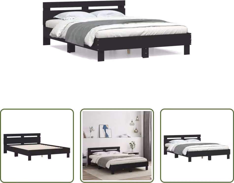 The Living Store Struttura letto con testiera nera 140x200 cm in materiale ligneo