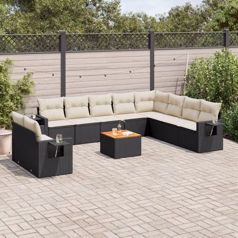 vidaXL Set Divani da Giardino 11 pz in Polyrattan Nero con Cuscini e Tavolino da Esterno