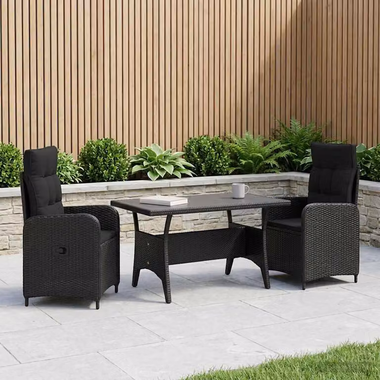 Set da pranzo per esterni vidaXL in polyrattan nero composto da 3 pezzi con tavolo rettangolare