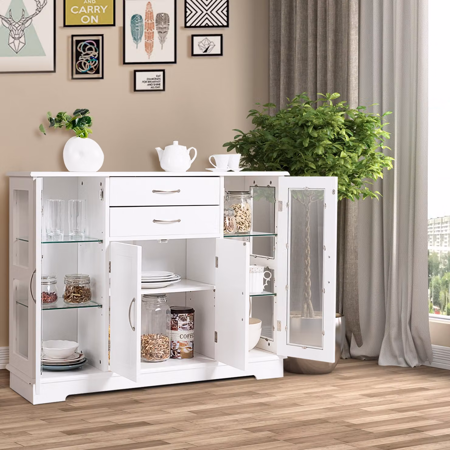 Costway Credenza Moderna con Ante in Vetro e 2 Cassetti, Armadietto per Cucina e Salone, L/P/H: 107 x 30 x 82 cm, Bianco o Grigio – 3