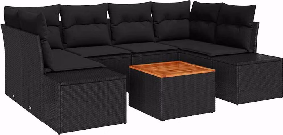 Set Divano da Giardino con cuscino 7 pcs Nero polyrattan