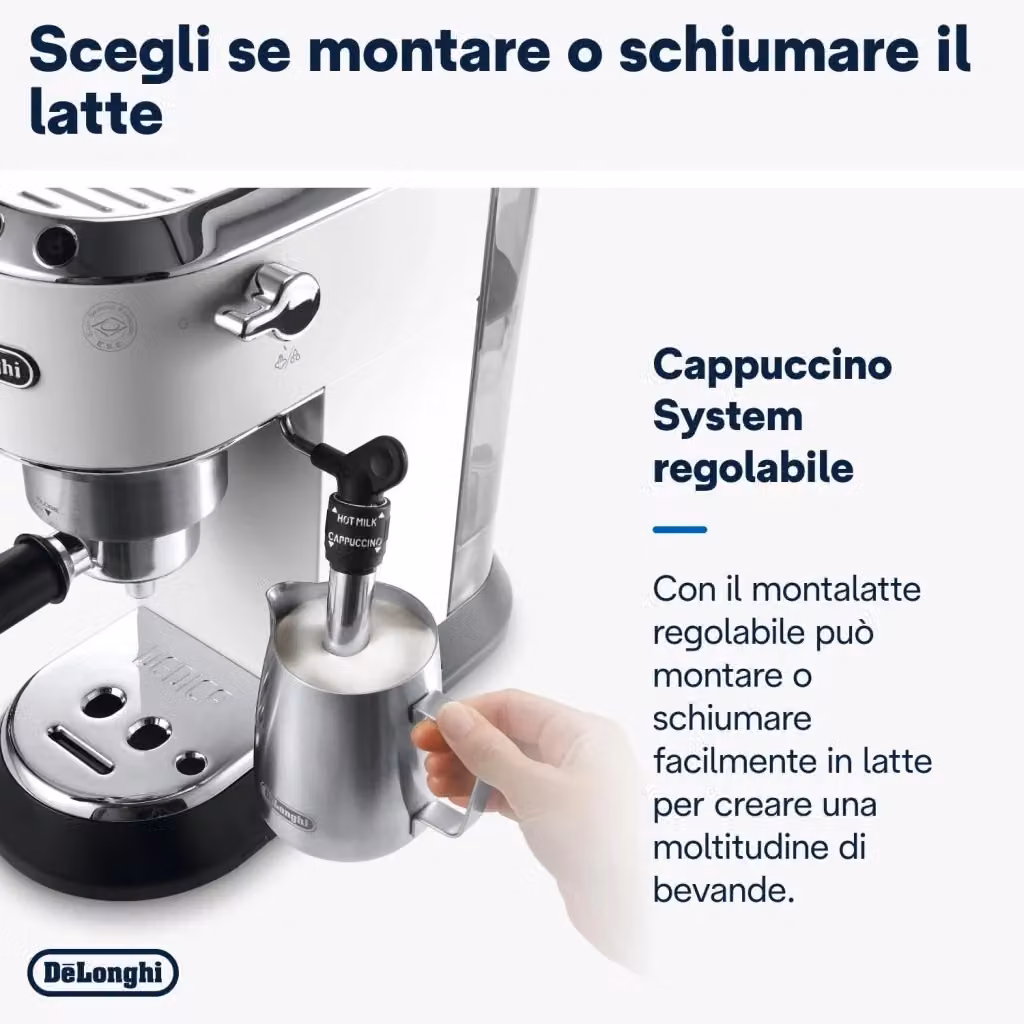 Macchina da caffè espresso e cappuccino manuale De'Longhi Dedica EC685, compatibile con caffè macinato o cialde E.S.E., 1350W, 15 bar, serbatoio estraibile da 1.1 l, bianco – 2
