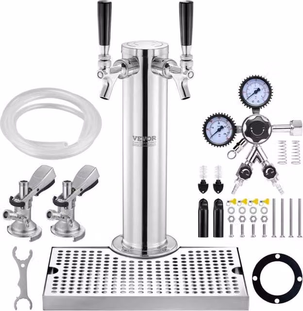 Distributore Torre Birra Vevor in Acciaio Inox Argento con Doppio Rubinetto, Regolatore W21,8 e Doppio Manometro, L/P/H: 43,5 x 21,8 x 17,5 cm