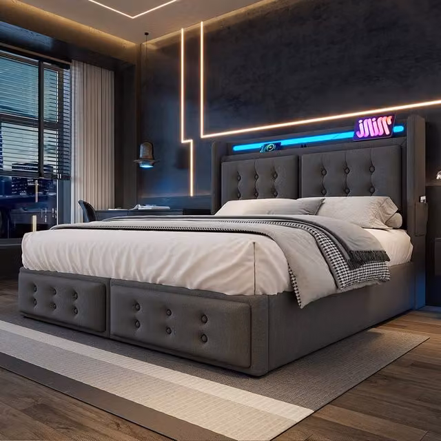 Letto a cassettoni con testiera LED e USB-C - Xylo - 180x200 cm - Grigio