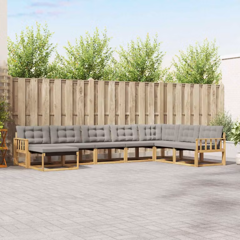 vidaXL Set di divani da esterno 8 pz a forma di L in legno di acacia con cuscini Bianco e Grigio Chiaro