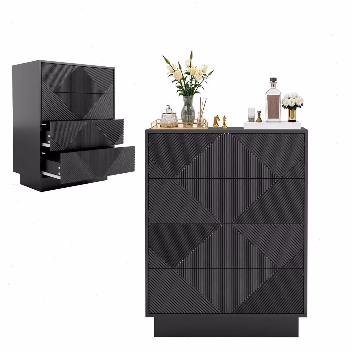 Comodino con 4 cassetti, motivo a rombi, dimensioni 60x33,5x77,5 cm, colore nero