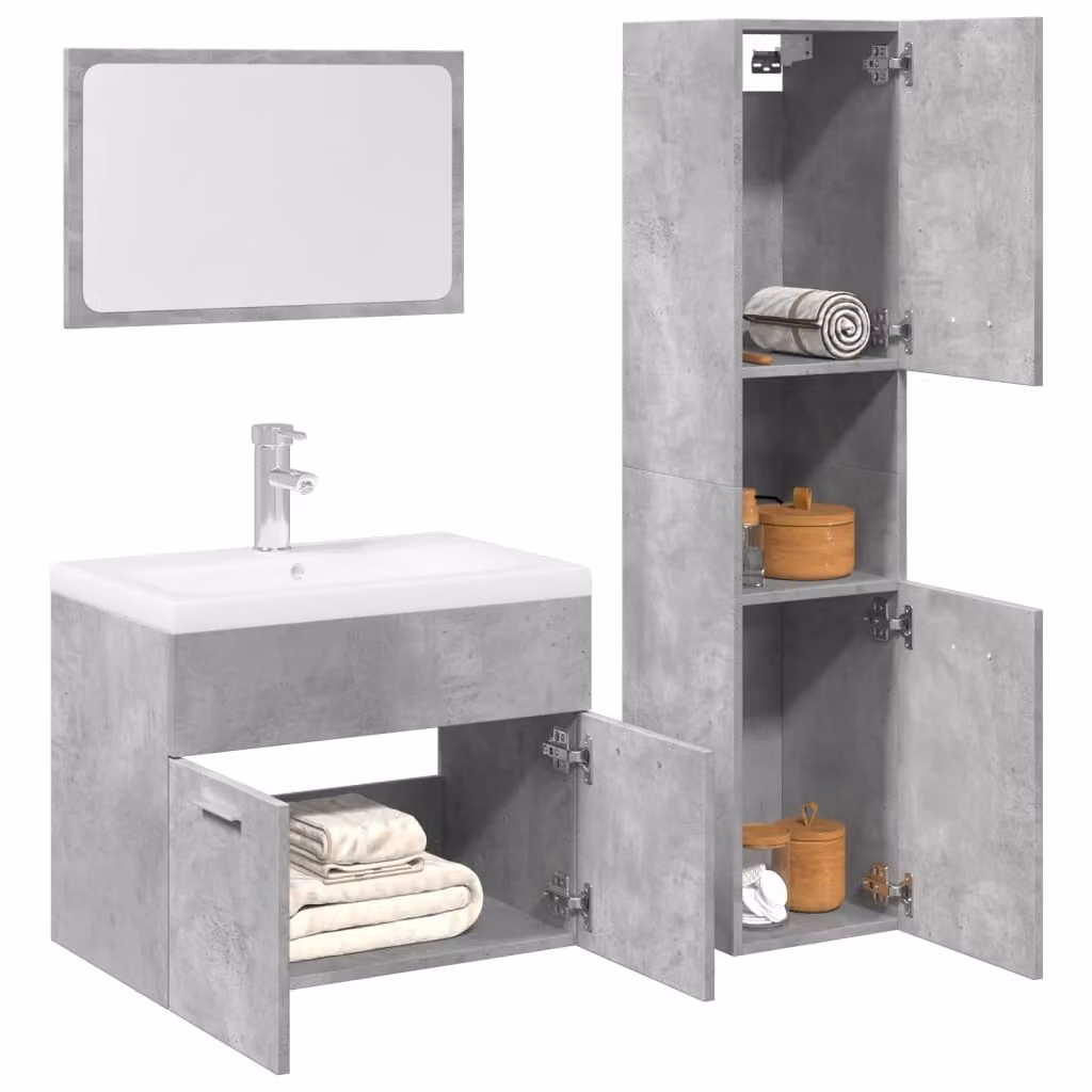 Set di mobili da bagno vidaXL 3 pezzi in legno e vetro, colore grigio, composto da mobile lavabo, pensile e armadietto con specchio, design moderno a parete