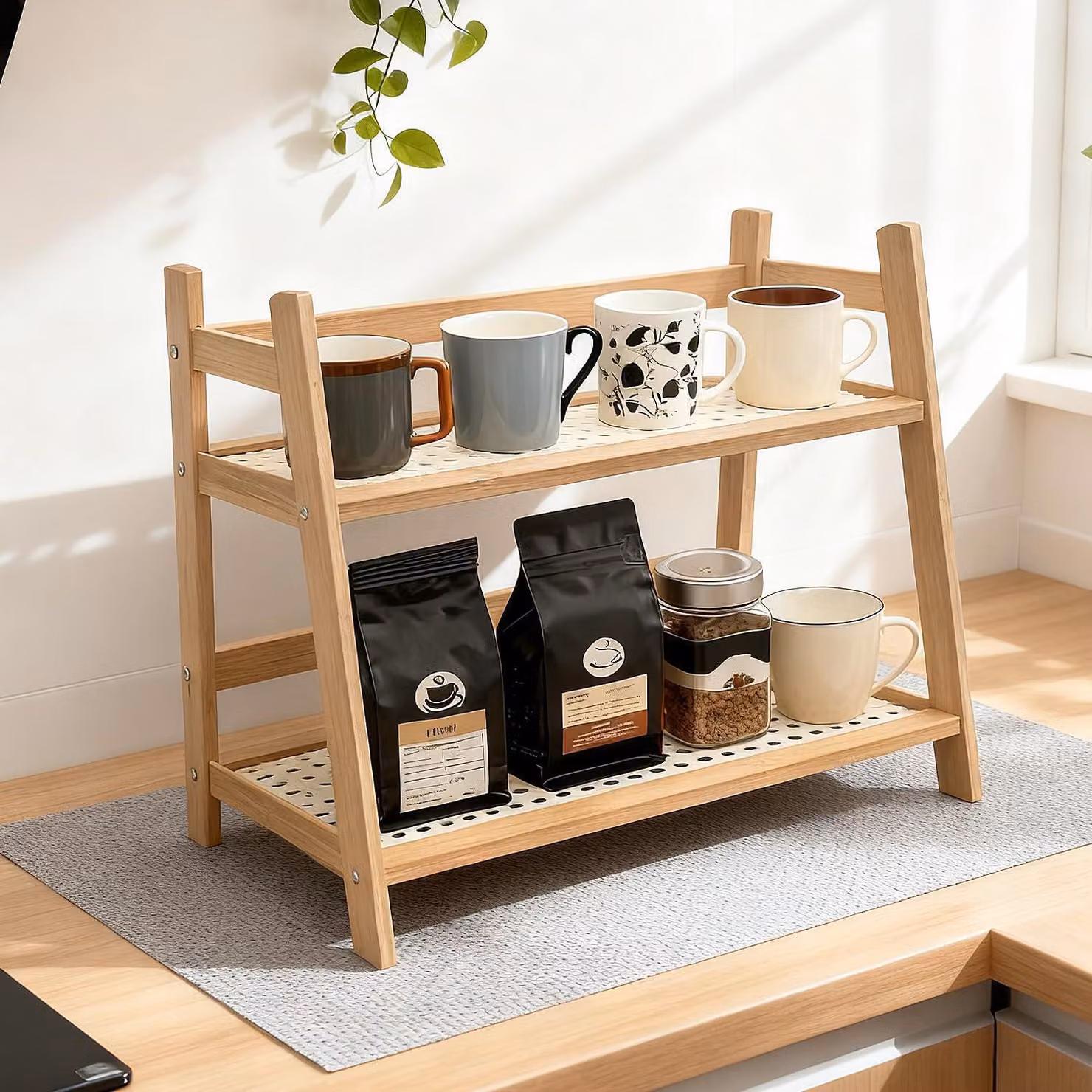 Organizzatore da cucina, 2 ripiani, imitazione rattan in bambù, finitura legno, dimensioni 39x17,5x28,5 cm