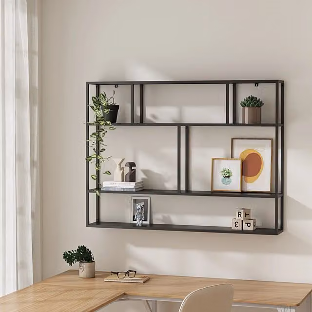 Scaffale da parete Jämijärvi en.casa in metallo nero opaco con scomparti aperti L: 90 cm, H: 120 cm, P: 18 cm