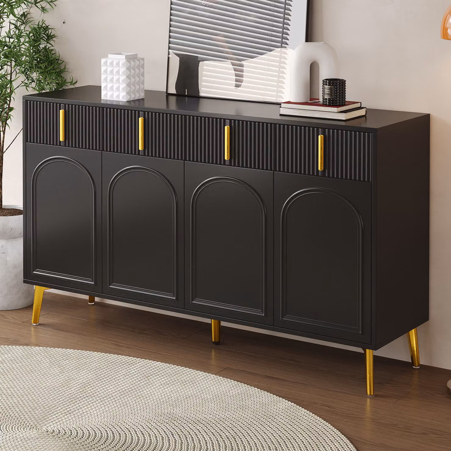Credenza STILVORA con 4 cassetti, cassettiera con ripiani rimovibili in laminato, mobile di servizio con maniglie e gambe in metallo, nero