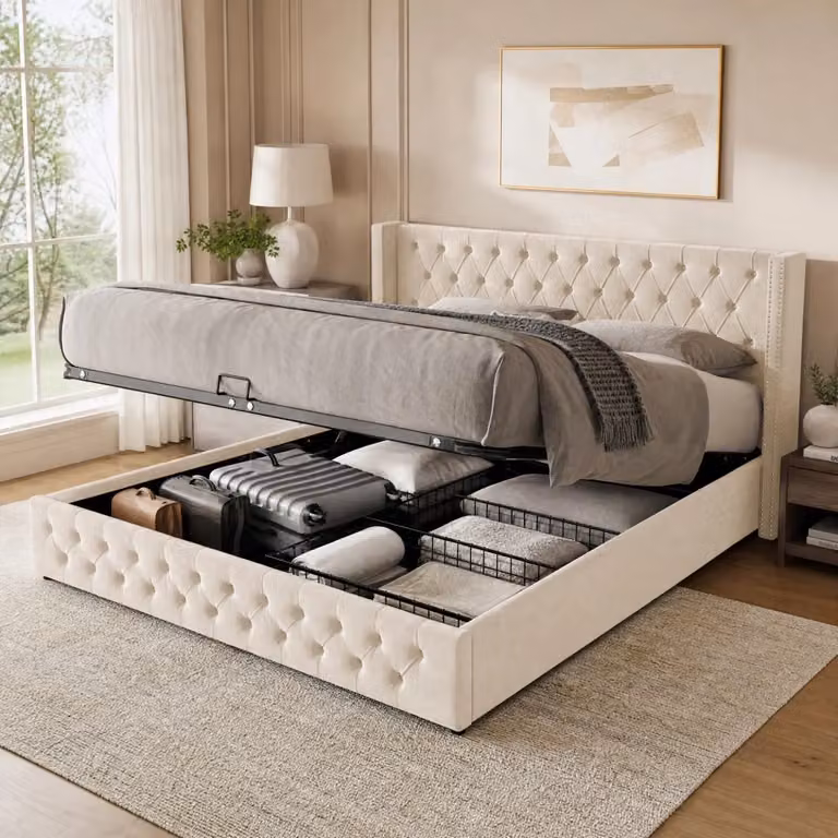 Letto Contenitore Chesterfield REDOM in Velluto Grigio e Bianco L/P/H: 180 x 200 x 190 cm