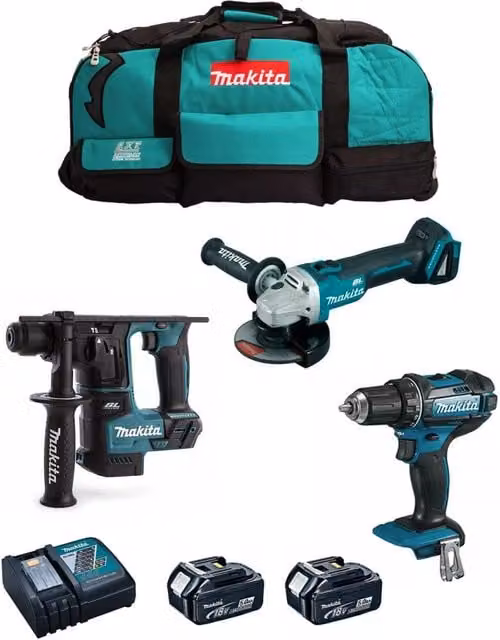 Makita Kit MK301 con Avvitatore DDF482, Perforatore DHR171, Smerigliatrice DGA504, 2 Batterie da 5,0 Ah e Caricatore DC18RC LXT