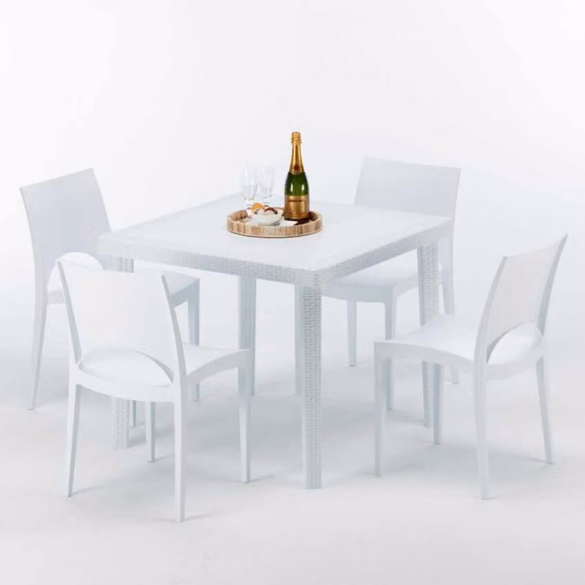 Tavolo quadrato bianco e 4 sedie Set di bastoni da esterno in polipropilene colorato Grand Soleil Paris Love - Bianco