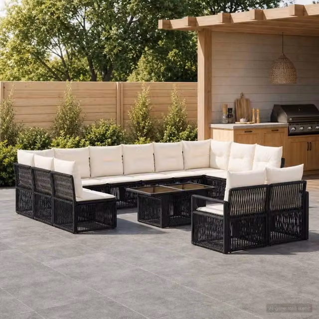Set Divano da Giardino a L con Tavolino vidaXL, 13 Pezzi, Nero e Bianco Crema, Polyrattan e Metallo con Cuscini Inclusi