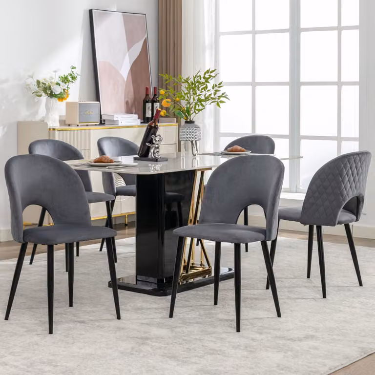 Fortuna Lai Sedia da pranzo (6 pezzi), sedia imbottita di design con schienale, seduta in velluto, struttura in metallo, piedini regolabili, motivo a rombi sul retro, grigio