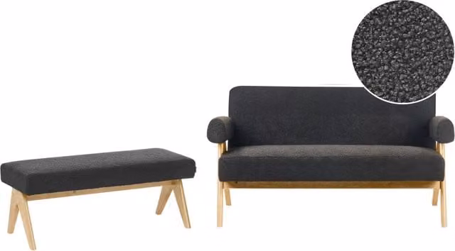 Set di divani Beliani a 2 posti con rivestimento in tessuto bouclé e gambe in legno, nero e marrone chiaro, design retro per soggiorno