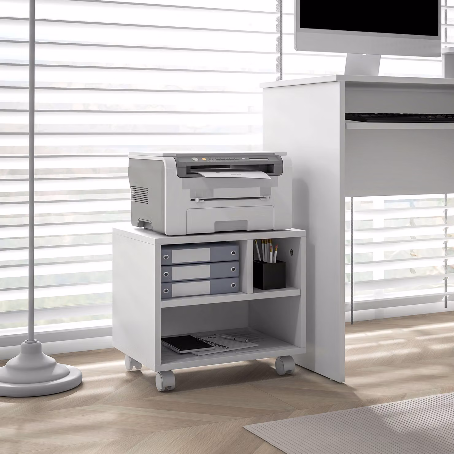HOMCOM Mobile Porta Stampante a 2 Livelli con 3 Scomparti e Ruote per Ufficio e Studio, Bianco, L 40 cm x P 30 cm x H 36 cm – 2