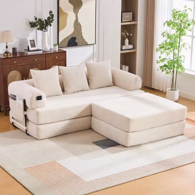 Divano 3 posti con poggiapiedi ¨C Minimal ¨C beige tessuto struttura metallo cuscini