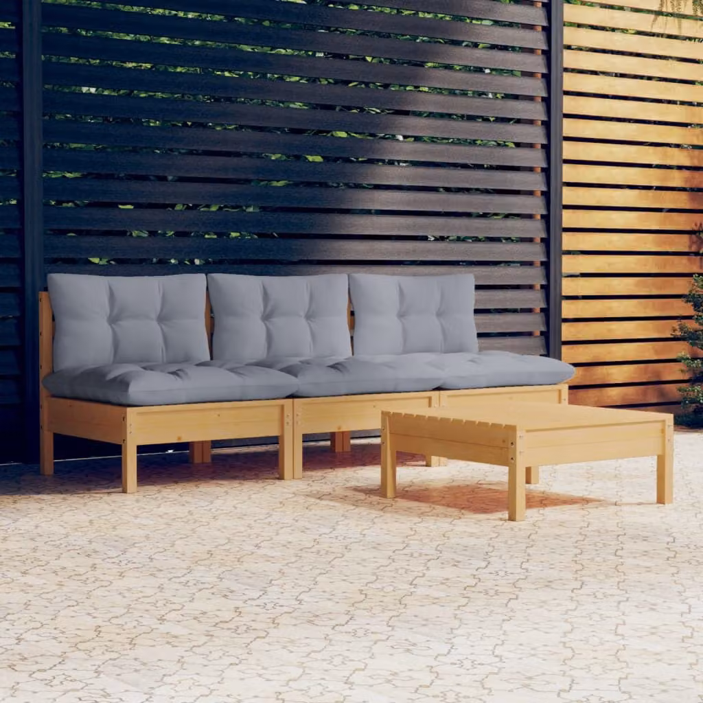 The Living Store Set da giardino 4 pezzi con cuscini grigi in legno di pino