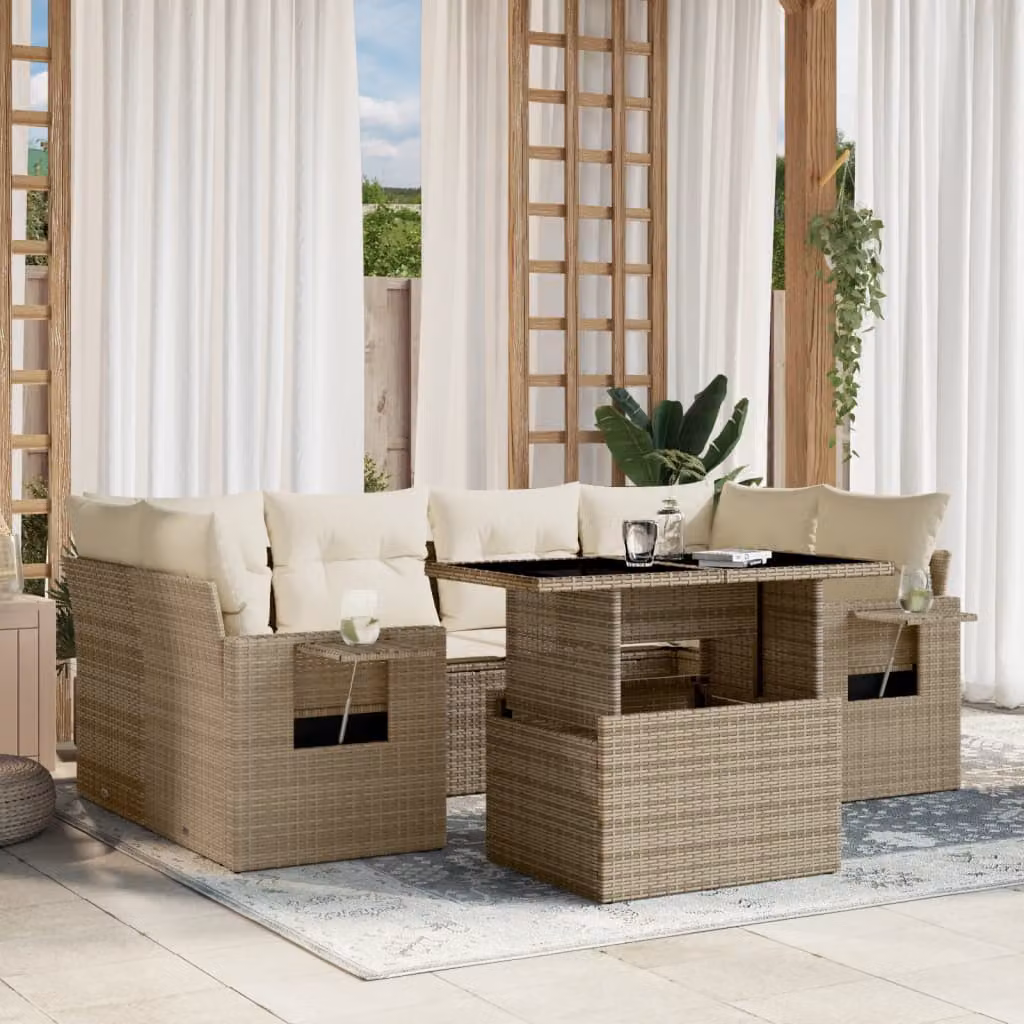 Set di divani da giardino vidaXL 7 pezzi con cuscini beige in rattan e metallo – 1