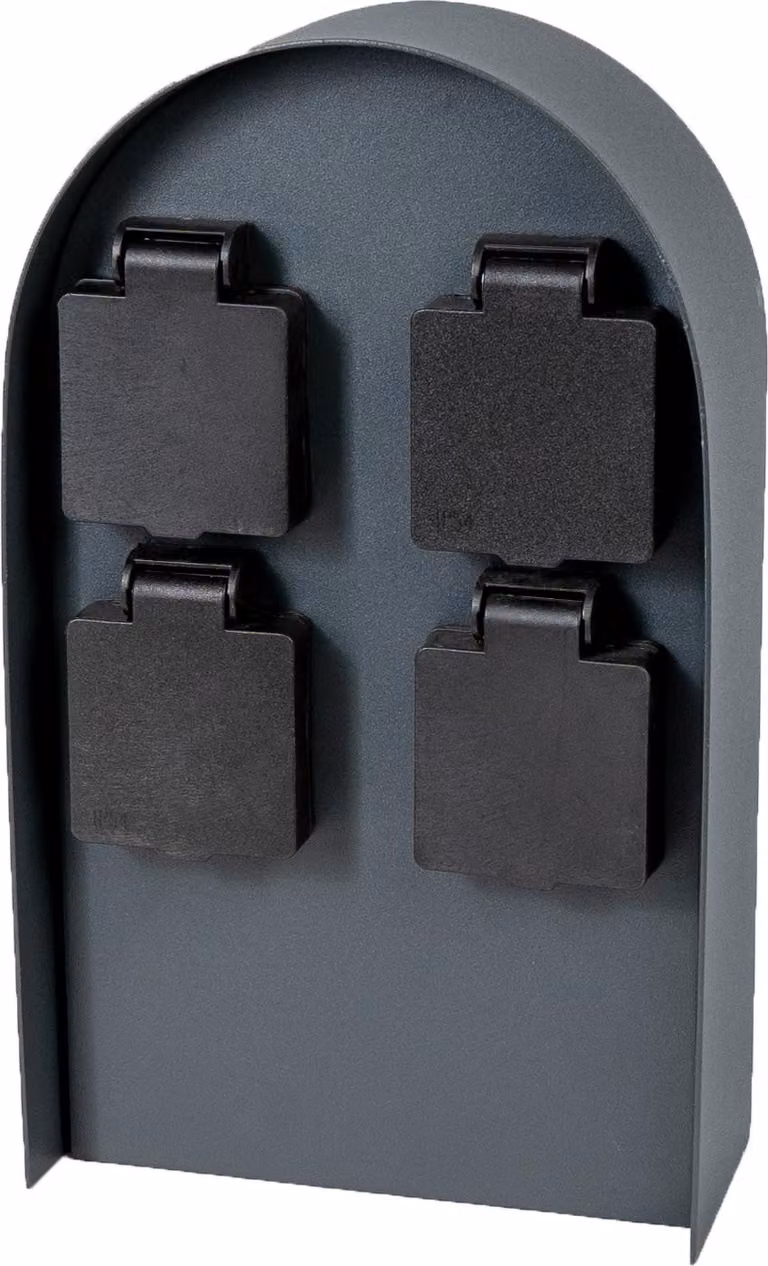 Presa da giardino di design Grafner in acciaio inox con 4 prese, 3600 watt, IP44, ovale con arco, antracite, NO RUST - verniciatura a polvere, colonna energetica presa multipla in metallo per esterni a 4 pieghe nera