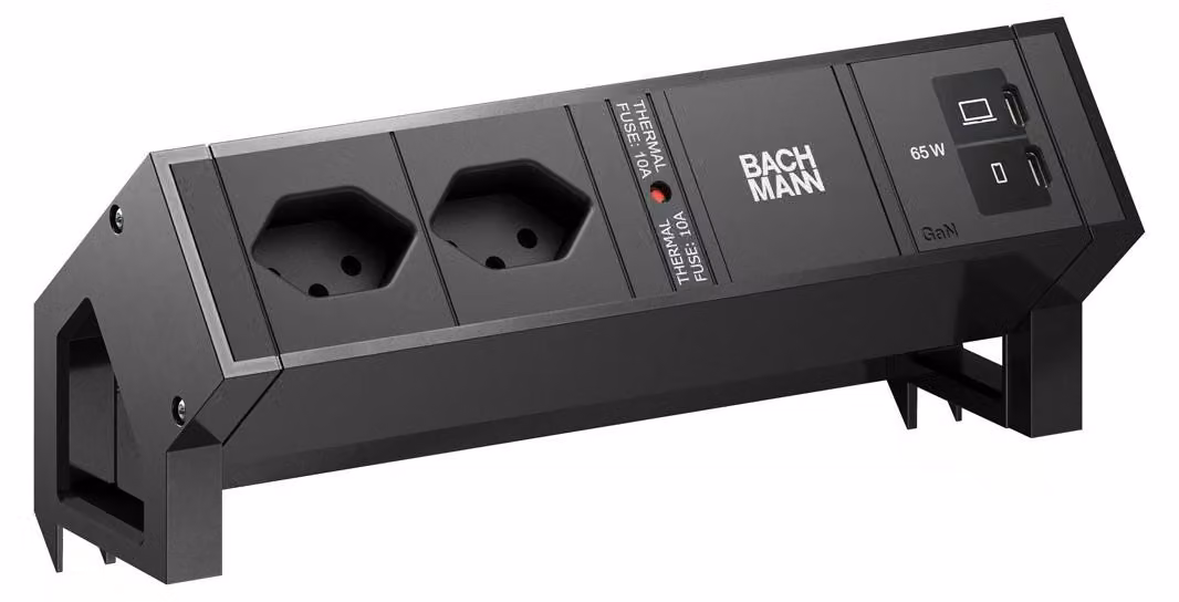 BACHMANN DESK2 2xCH 90° 1xUSB C/C 65W, L=0,2 m RAL9005