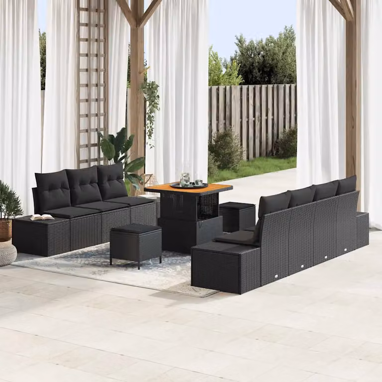 Set Divano da Giardino vidaXL in Polyrattan Nero con Cuscini, 10 Pezzi