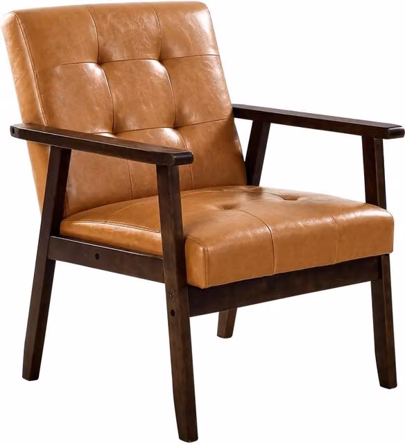 Poltrona da Salotto Imbottita in Legno Massello e Pelle PU, Sedia Singola Ergonomica per Soggiorno e Camera da Letto, Caramello e Marrone