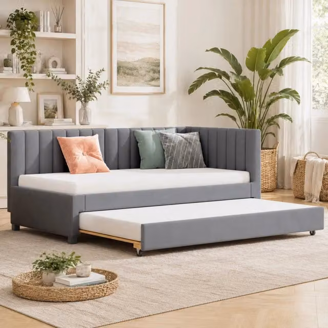 Letto estraibile 90x200 cm in velluto grigio con rete a doghe, senza materasso