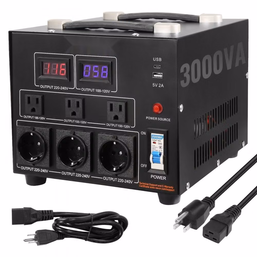 Trasformatore di tensione AC 110V⇋220V - 3000W - Con 3 prese di uscita NEMA 5-15R USA - 3 pin - 3 prese di uscita Schuko europee - Incl. 1 presa USB e 1 presa di tipo C