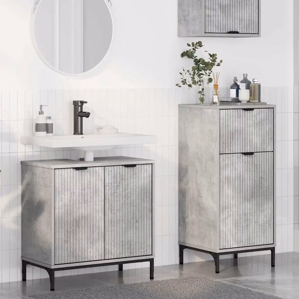 Set di mobili per il bagno vidaXL composto da mobile lavabo e mobile contenitore, design moderno in legno e metallo, Grigio e Nero