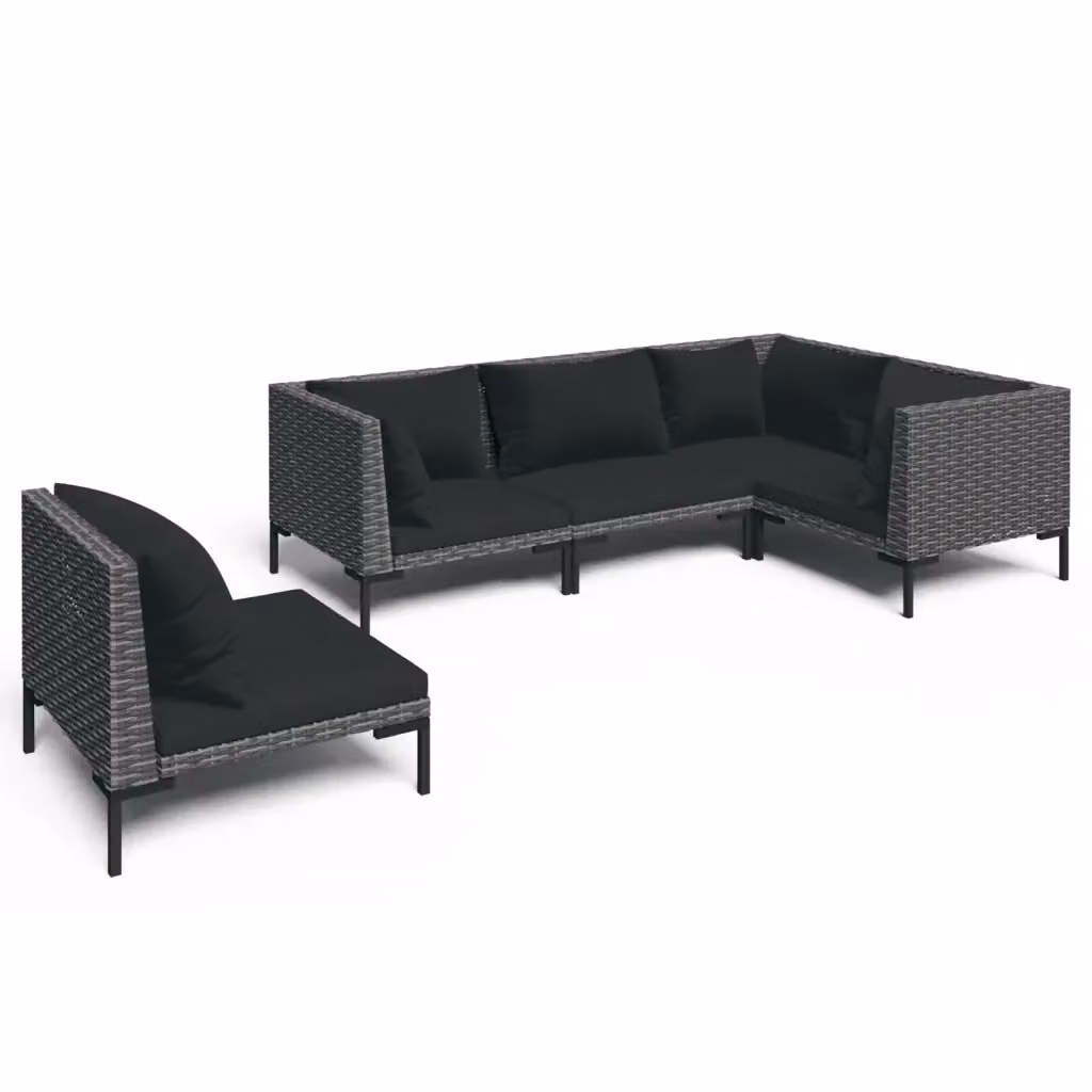 Set di divani da giardino a forma di L con 5 pezzi e cuscini vidaXL in polyrattan grigio scuro e nero con struttura in metallo e coperture rimovibili – 2