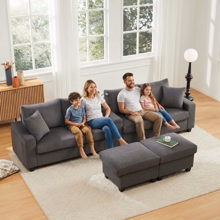 Merax Divano angolare a 4 posti Divano in velluto a forma di U con 2 pouf, lampada da lettura, ripiano ribaltabile, portabevande e USB/Type-C, illuminazione a LED, Soffa, grigio