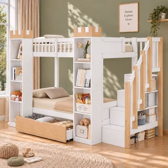Letto a castello per bambini a forma di castello 90x200 cm; bianco; con scala contenitore