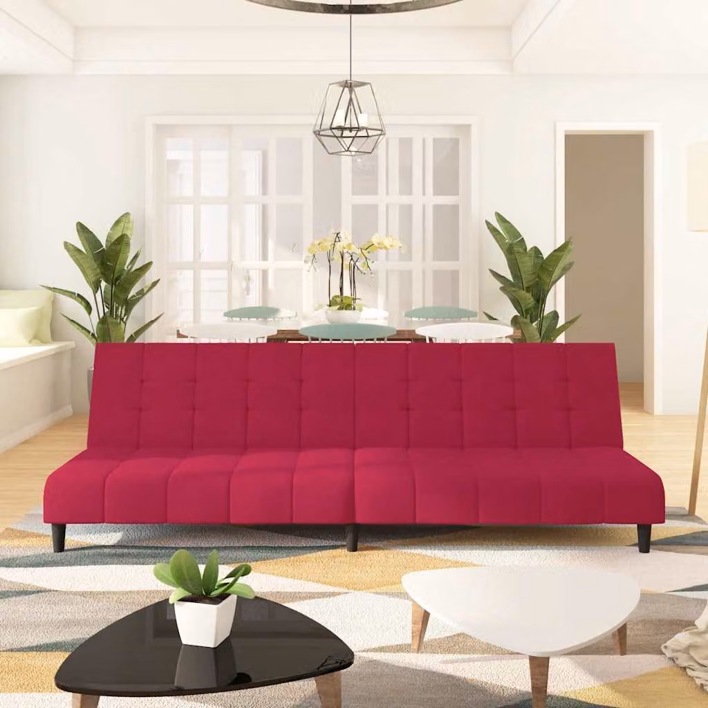 vidaXL Divano Letto Click-Clack a 2 Posti in Velluto Rosso con Struttura in Legno Solido e Poggiatesta Regolabile