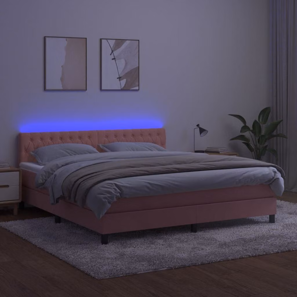 The Living Store Letto a molle con materasso e LED Rosa 160x200 cm Velluto
