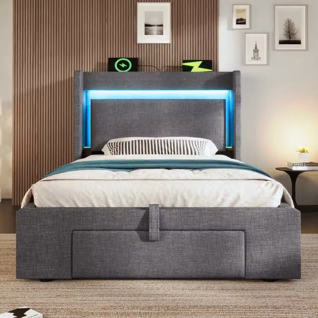 Letto per bambini 90x200 cm imbottito con vano contenitore idraulico; LED; USB e USB-C; lino grigio