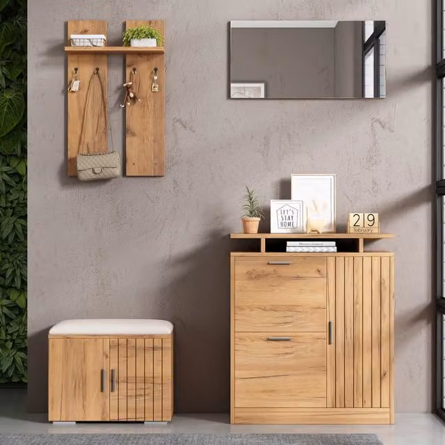 Garderoba da ingresso REDOM con panca, scarpiera, specchio e ganci, L: 140 cm, P: 35 cm, H: 133 cm, colore beige/marrone