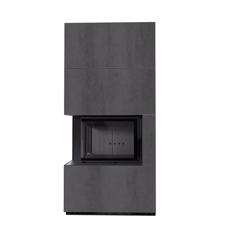Kit camino KRATKI FLOKI BOX sinistro 8 kW Ø 160 sinterizzato al quarzo NATURALI PIETRA DI SAVOIA ANTRANCITE BOCCIARDATA rivestimento nero